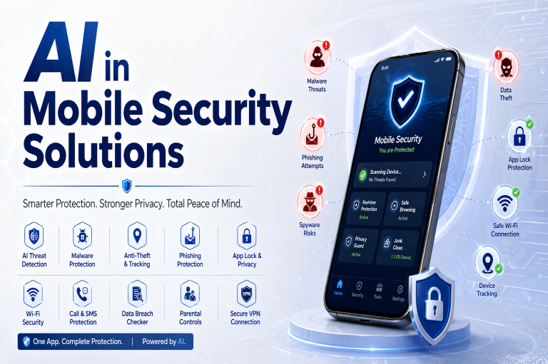 Promotional graphic of AI-powered mobile security featuring a smartphone with a shield icon, surrounded by threat alerts like malware, phishing, and spyware. Showcases features such as AI threat detection, app lock, VPN, Wi-Fi security, data protection, and device tracking for enhanced privacy and protection.