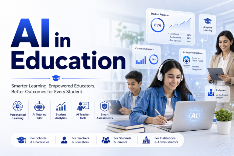 Promotional graphic showing AI in education with a student using a laptop, teacher and another student in the background, and floating dashboards displaying progress, analytics, and AI recommendations. Highlights features like personalized learning, AI tutoring, smart assessments, and tools for schools, teachers, students, and administrators.