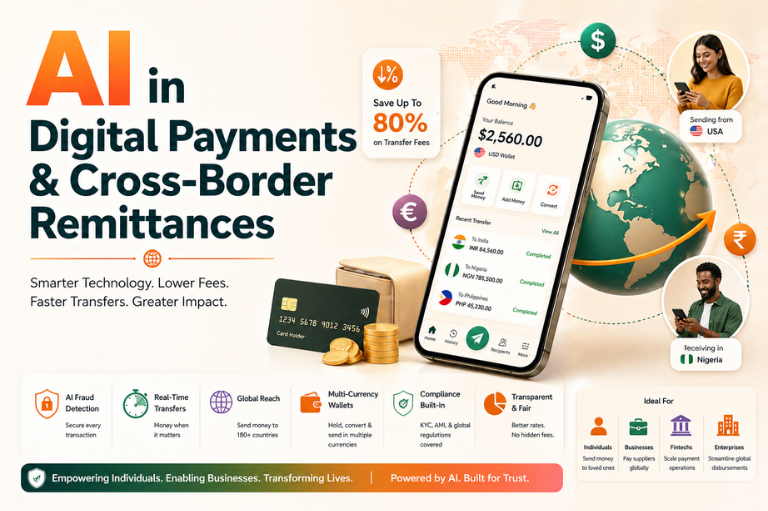 AI in digital payments and cross-border remittances banner showing mobile wallet app, global money transfer, multi-currency transactions, and secure fintech solutions by Infin Mobile Solutions