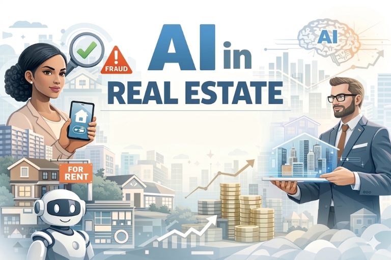 A modern infographic illustration highlighting the role of AI in Real Estate. The image shows diverse professionals interacting with digital property data on devices, a safety fraud alert, rising profit charts with gold coins, and a friendly robot assistant, all set against a futuristic cityscape.