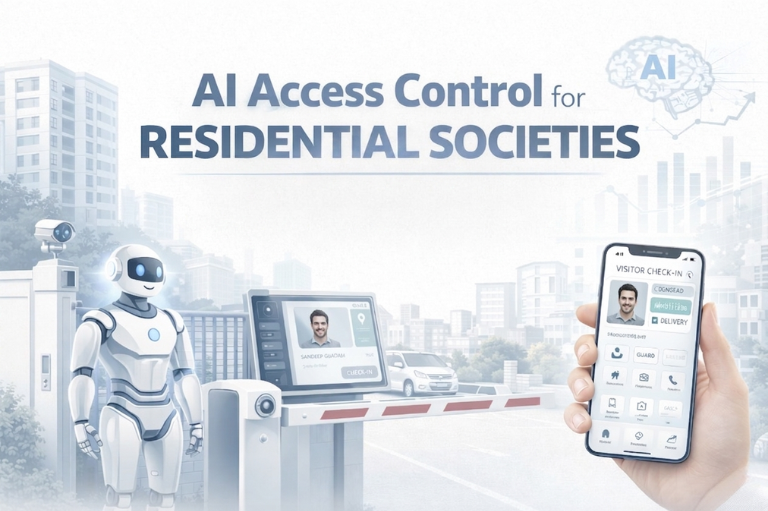 A comprehensive 2026 AI access control ecosystem for a luxury gated community showing a resident app interface, a security guard using a digital tablet, and a smart camera scanning an SUV's license plate at a modern entrance gate.