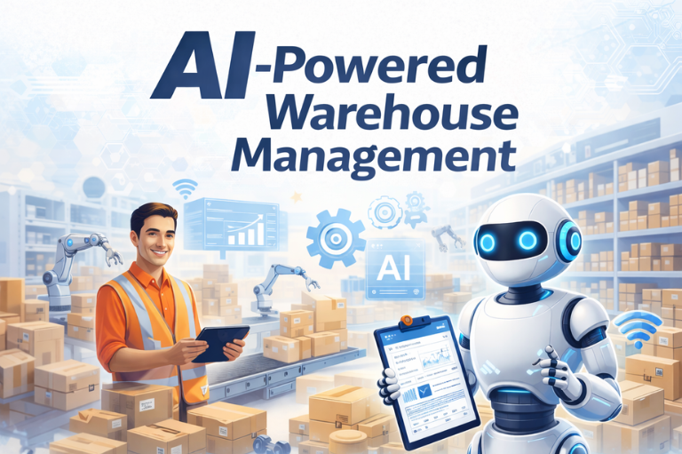 Illustration of AI-powered warehouse management featuring a human worker and a robot using digital tools among automated systems and boxes.