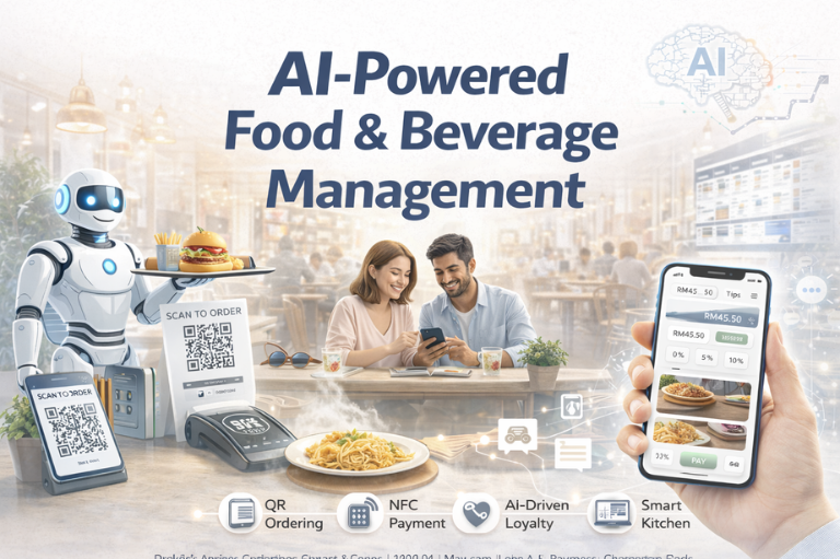 AI restaurant management platform showcasing robot waiter QR code ordering NFC payments and mobile loyalty app