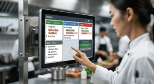Kitchen display system screen showing organized live orders and table numbers in a busy restaurant