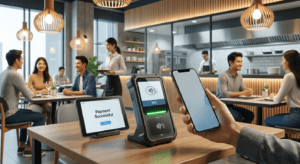 Close up of smartphone tapping NFC terminal for fast contactless payment at a restaurant table