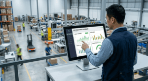 Warehouse manager analyzing live operational dashboard on a computer screen overlooking a busy fulfillment center.