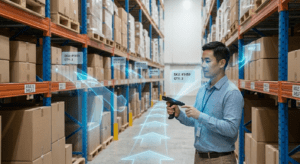 Warehouse worker using a handheld barcode scanner to track inventory on shelves, with digital overlays showing SKU and quantity data.