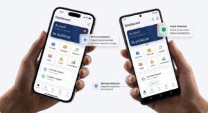 AI-powered mobile banking app dashboard showing account balance, payments, transfers and fraud detection features
