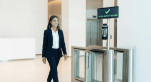 A professional female resident experiencing touchless entry at a modern apartment lobby where a high-speed AI facial recognition camera identifies her and displays an "Access Granted" message on a sleek digital screen.