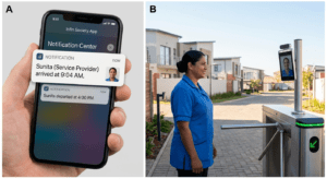 A dual-panel image showing a uniformed domestic worker being recognized by an AI gate sensor, paired with a smartphone screen displaying a real-time arrival notification for the resident.