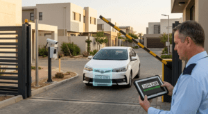 Automated vehicle access control system using an AI-powered ANPR camera to scan a car's license plate and automatically lift a boom barrier for a registered resident in a modern residential society.