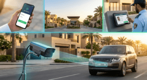 A comprehensive 2026 AI access control ecosystem for a luxury gated community showing a resident app interface, a security guard using a digital tablet, and a smart camera scanning an SUV's license plate at a modern entrance gate.