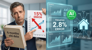 Comparison between traditional property valuation with a 15% error rate and an AI-powered automated valuation model (AVM) showing a 2.8% error rate.