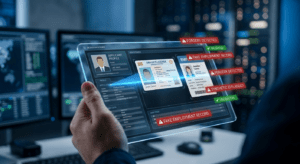Digital dashboard for AI tenant screening detecting forged identity documents and fake employment records for rental fraud prevention.