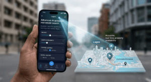 Advanced AI-powered real estate search interface on a smartphone showing dynamic filters for budget and campus proximity with a 3D city map overlay.