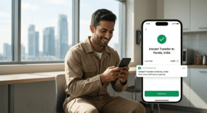 This image addresses the problem of slow and expensive transfers, specifically citing the worker in Dubai sending money home to Kerala. Instead of walking to an exchange, he uses the app.